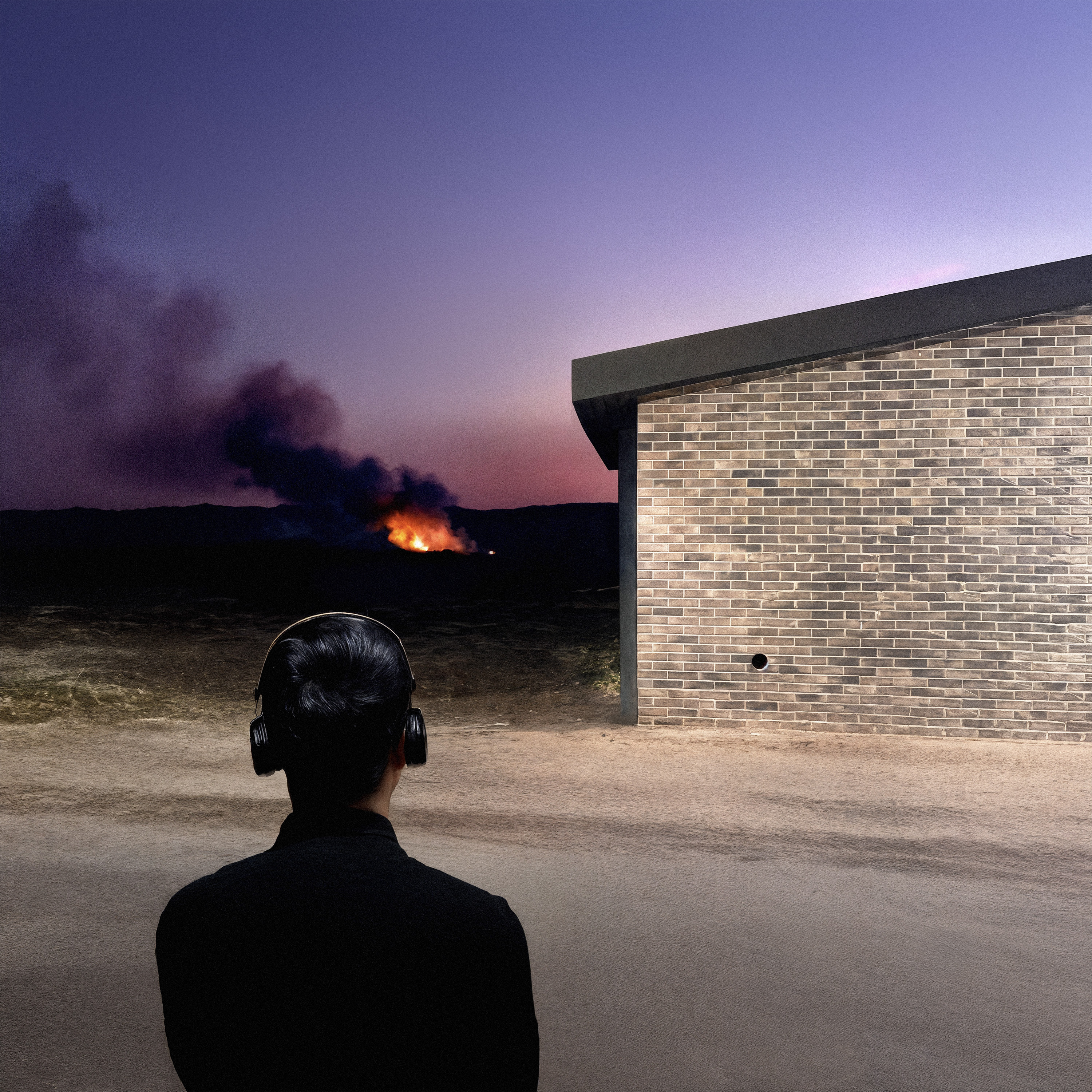 Cover artwork for Saundtrek do poryadku dennoho — a figure in headphones watching a distant fire next to a brick wall at dusk.